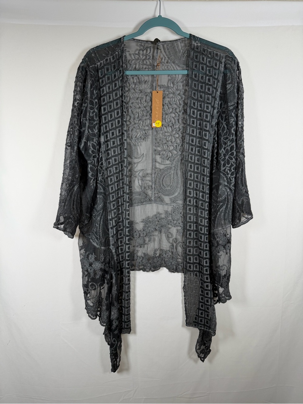 Sheer Lace Silk Open-Front Embroidered Charcoal Kimono Cardigan Boho, Fairy